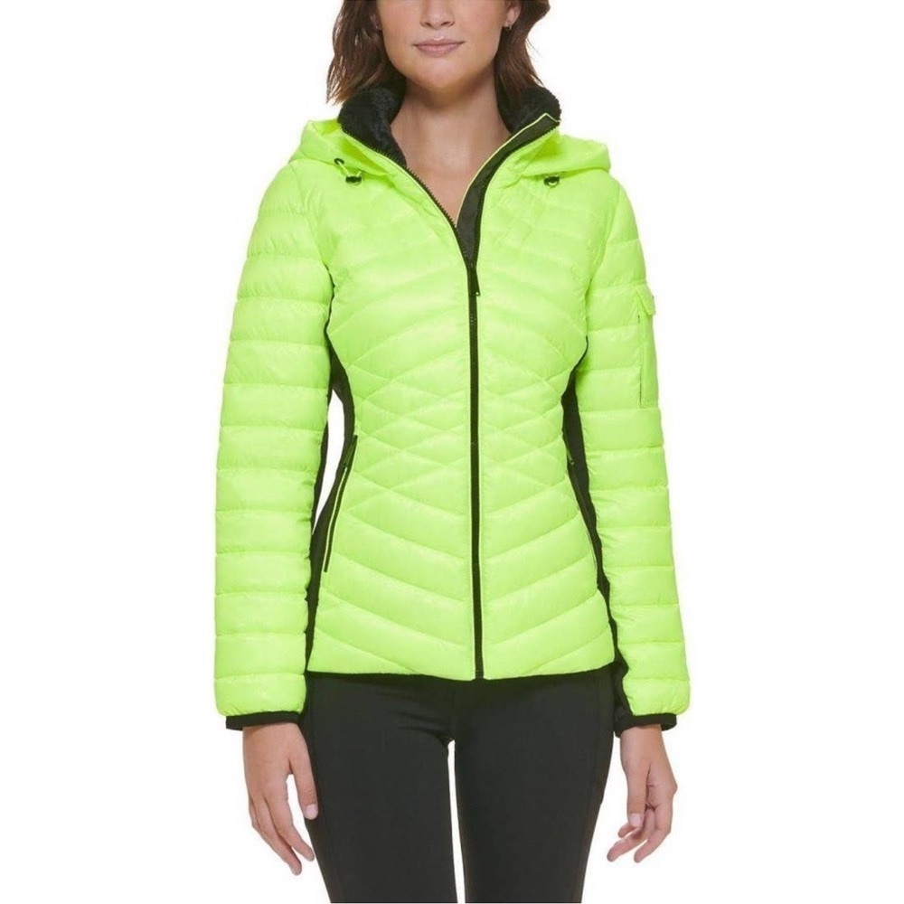 Calvin Klein Neon Lime Hooded Puffer Jacket
